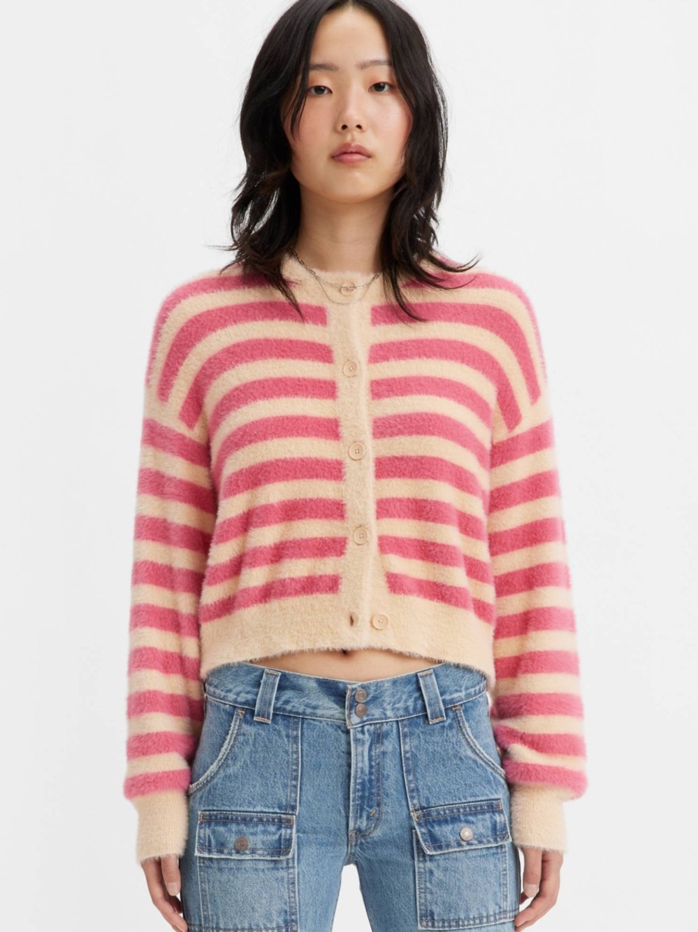 Levi's Women's Cat Cardigan Sweater Fuzzy Cropped Button Front Long Sleeve